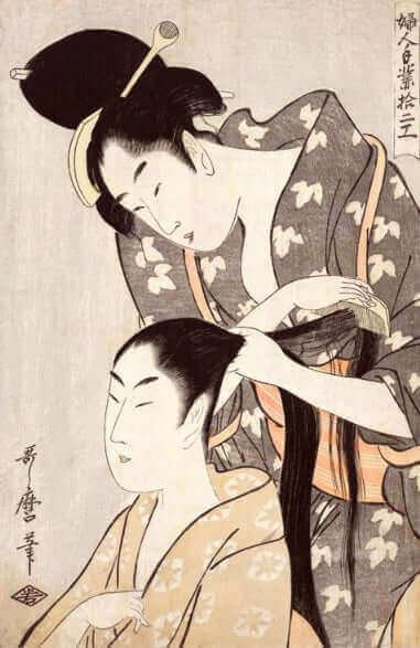 Traditional Japanese hairstylist performing hairdressing on a woman – Ukiyo-e woodblock print art style, featuring Edo-period kimono fashion and cultural hair styling practices.