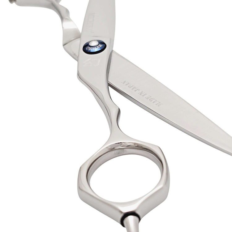 Silver hair scissors with a brand logo on a white background