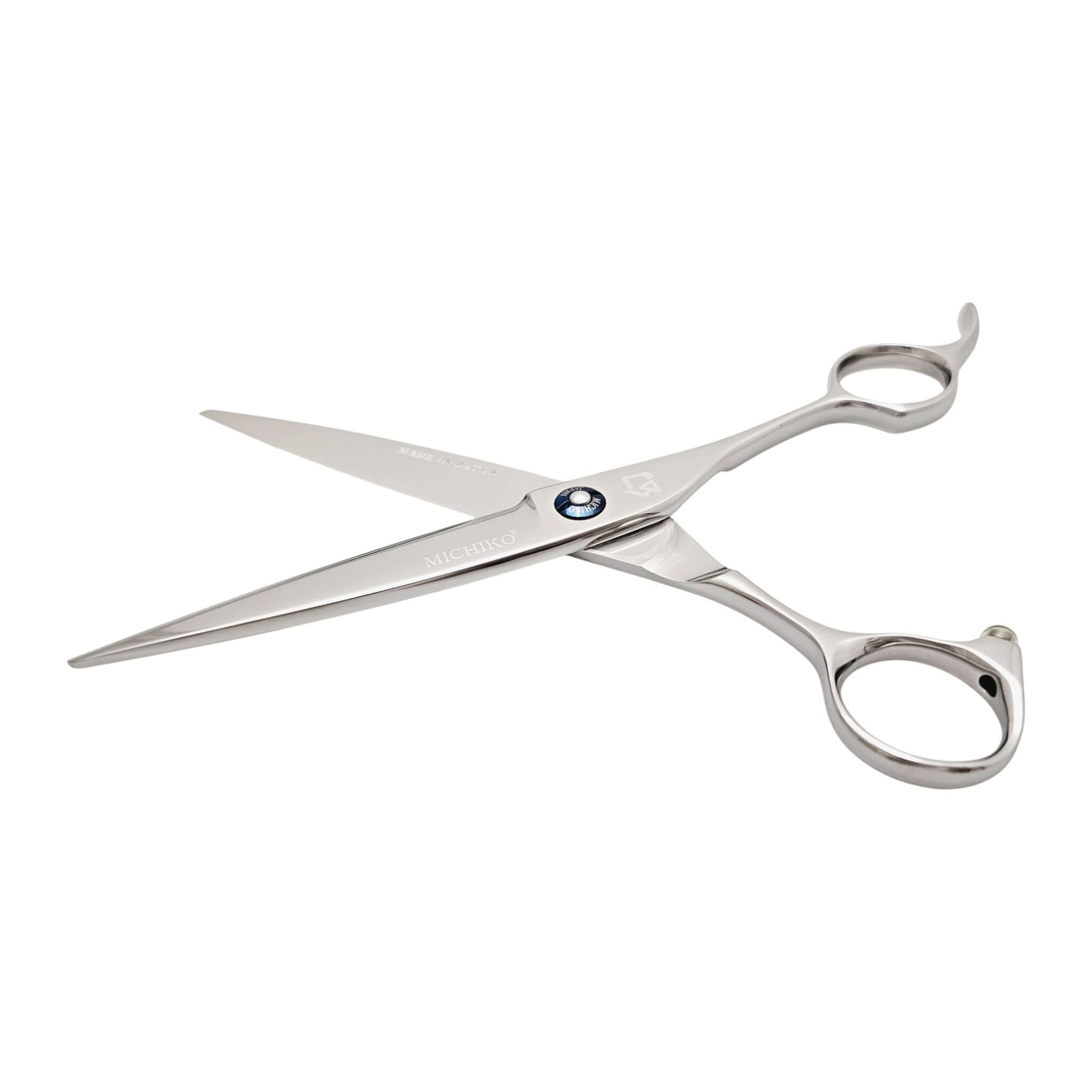 Pair of silver hair scissors on a white background