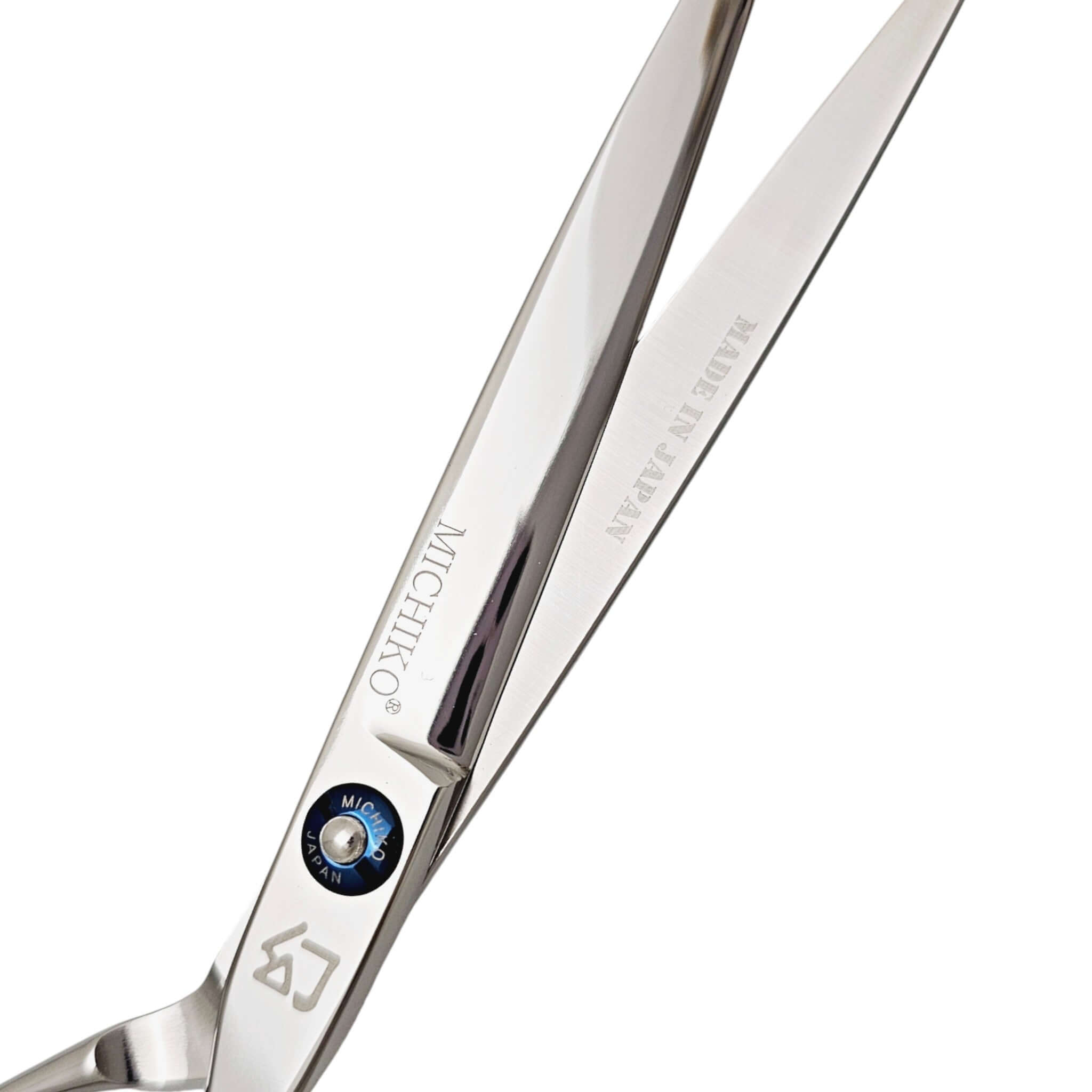 Close-up of a pair of silver hair scissors with brand markings on a white background