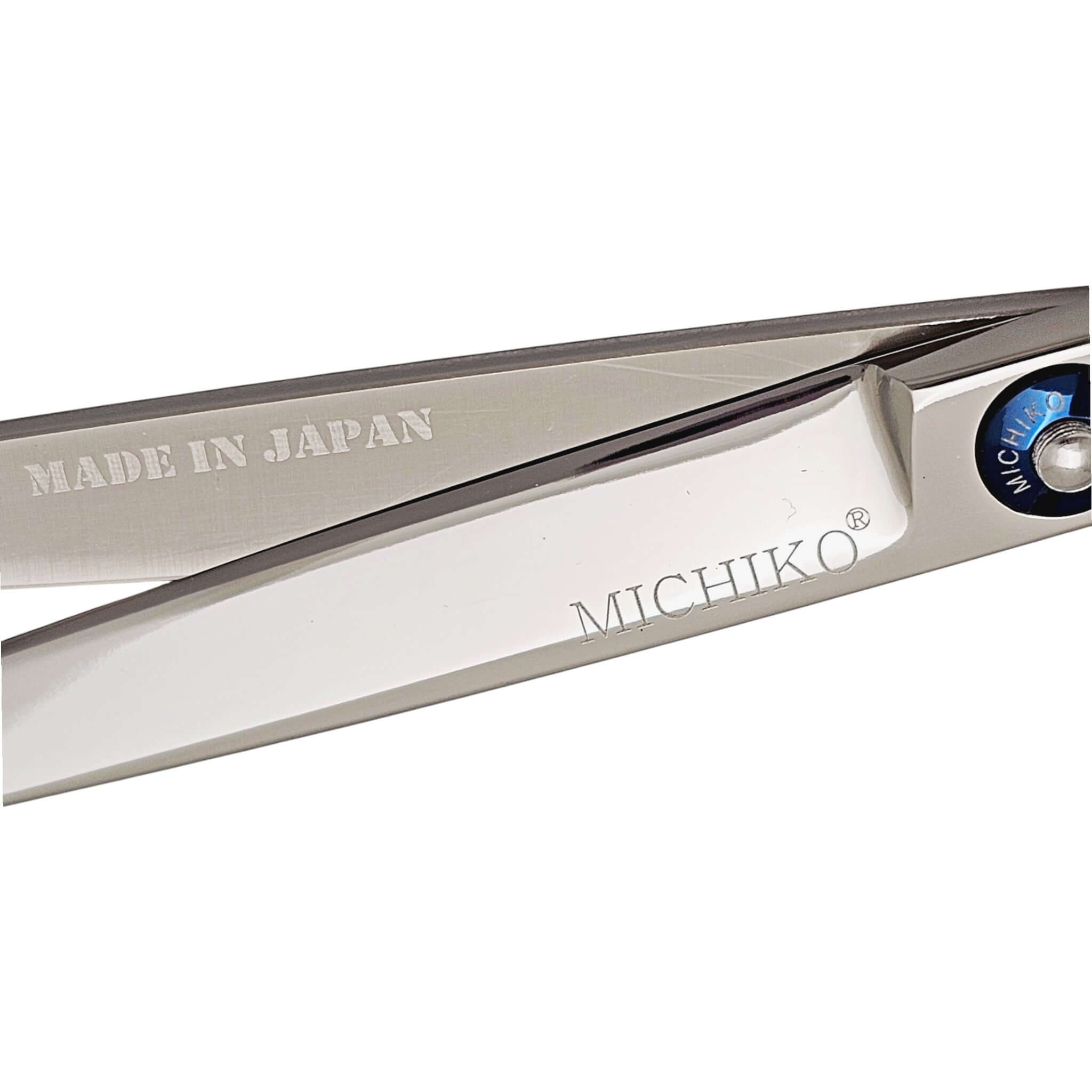 Hair shears with 'Made in Japan' and 'Michiko' branding on a white background