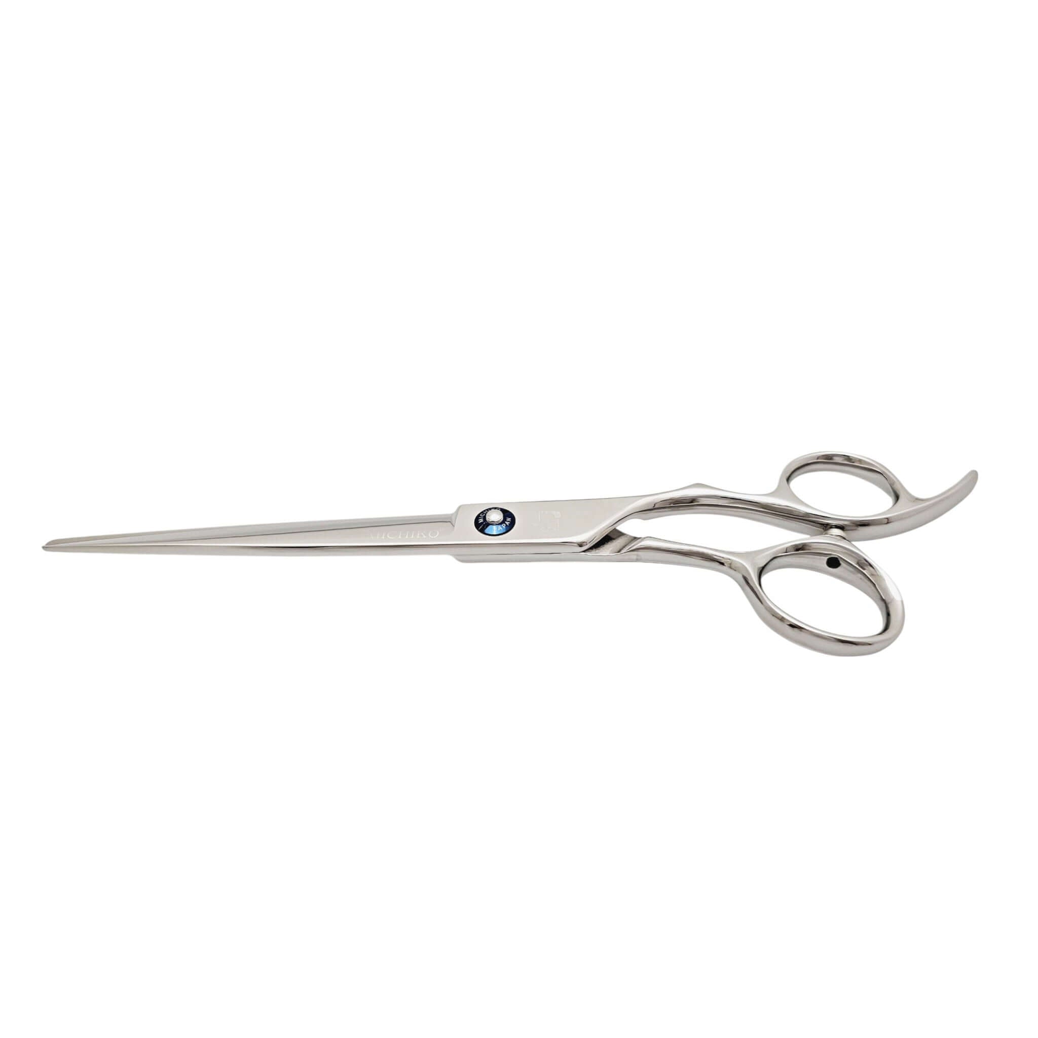 Silver hair scissors with a MICHIKO logo on a white background