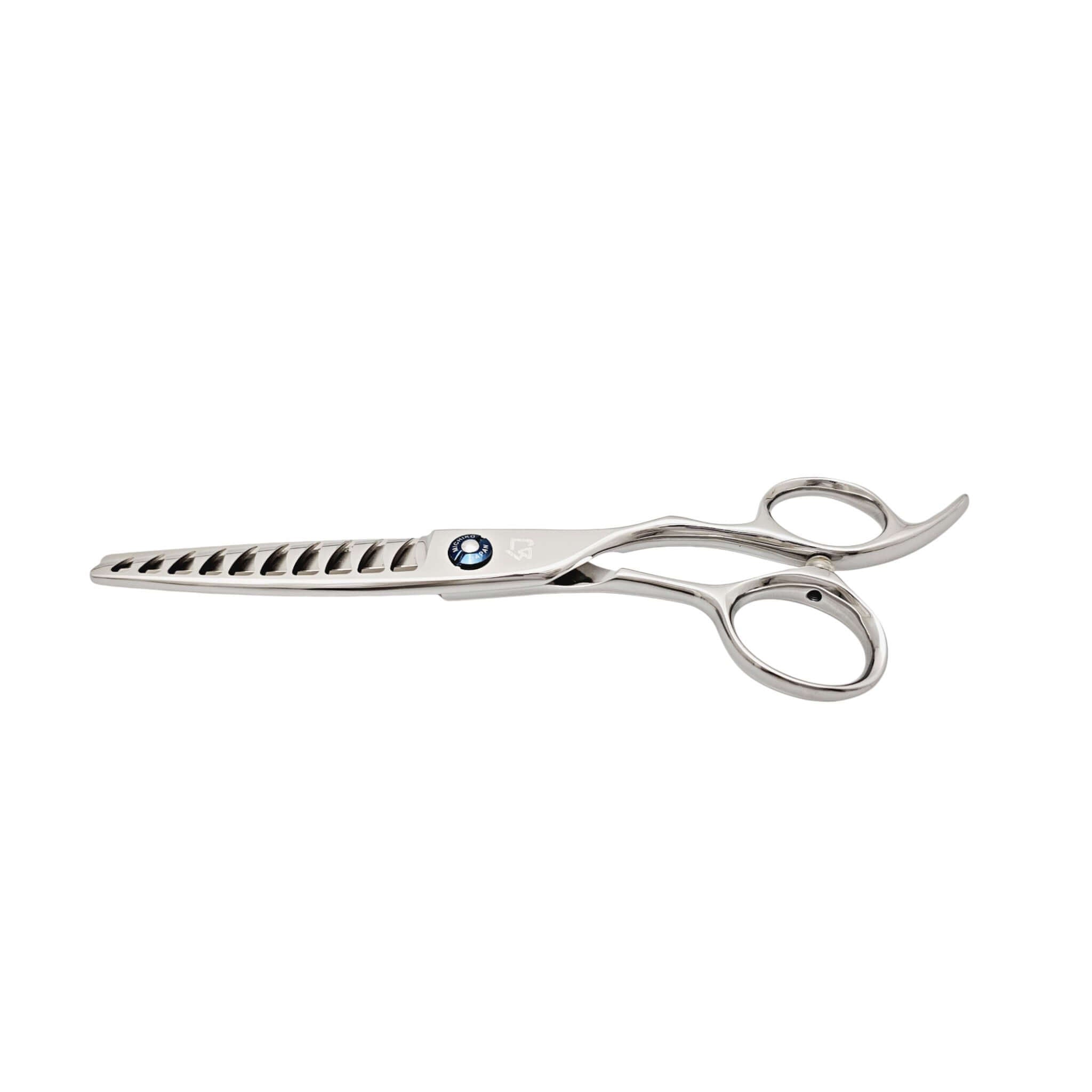 Silver hairdressing scissors with a brand logo on a white background