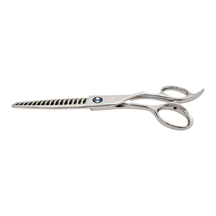 Stainless steel hair thinning scissors on a white background