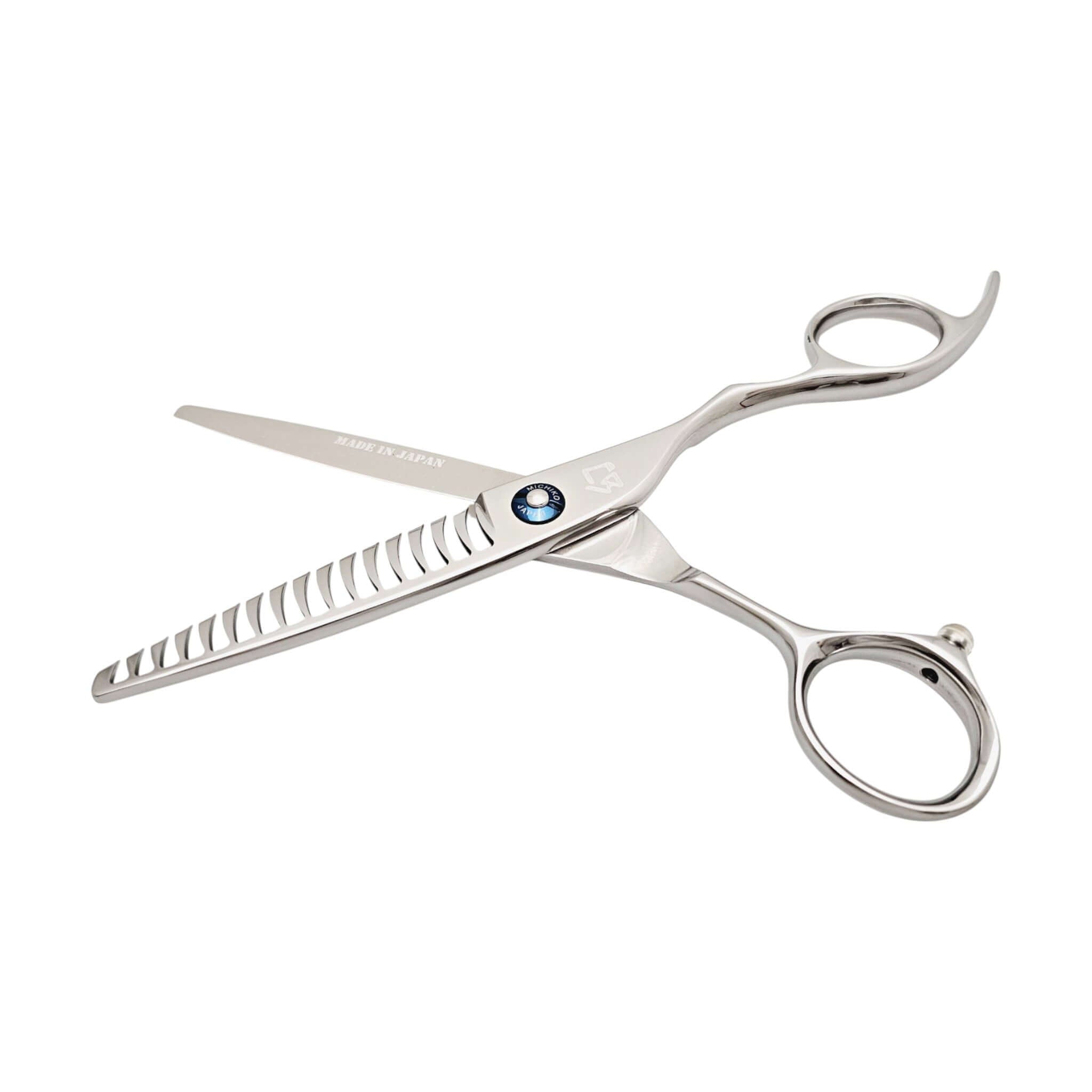 Hair cutting scissors with a brand logo on a white background