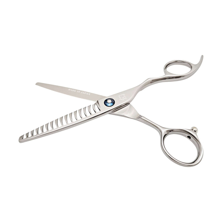 Hair cutting scissors with a brand logo on a white background