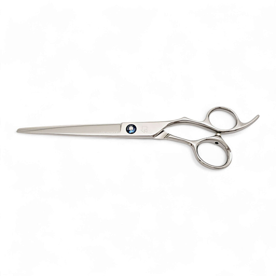 Hair cutting scissors with a brand logo on a white background
