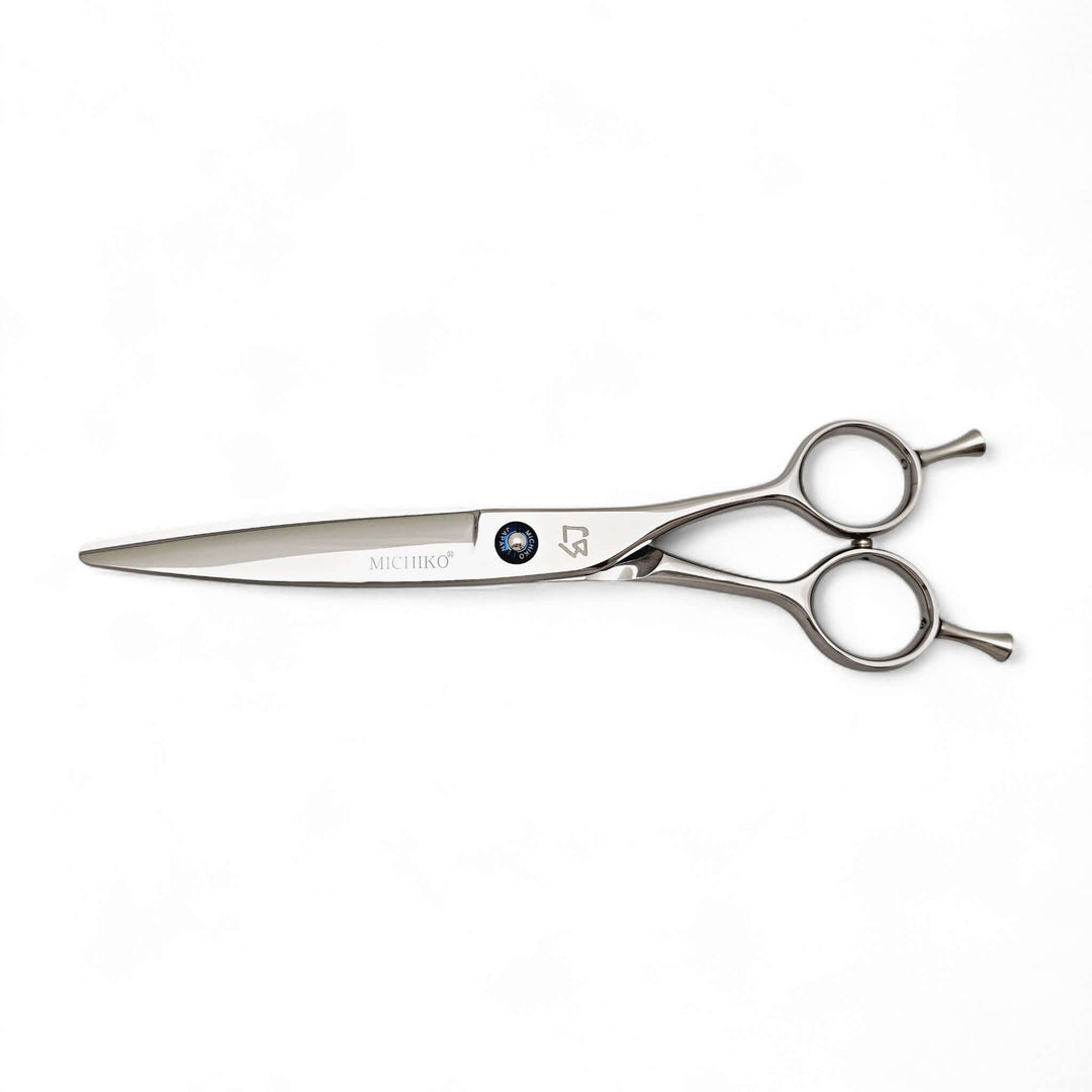 Hair cutting scissors with brand logo on a white background