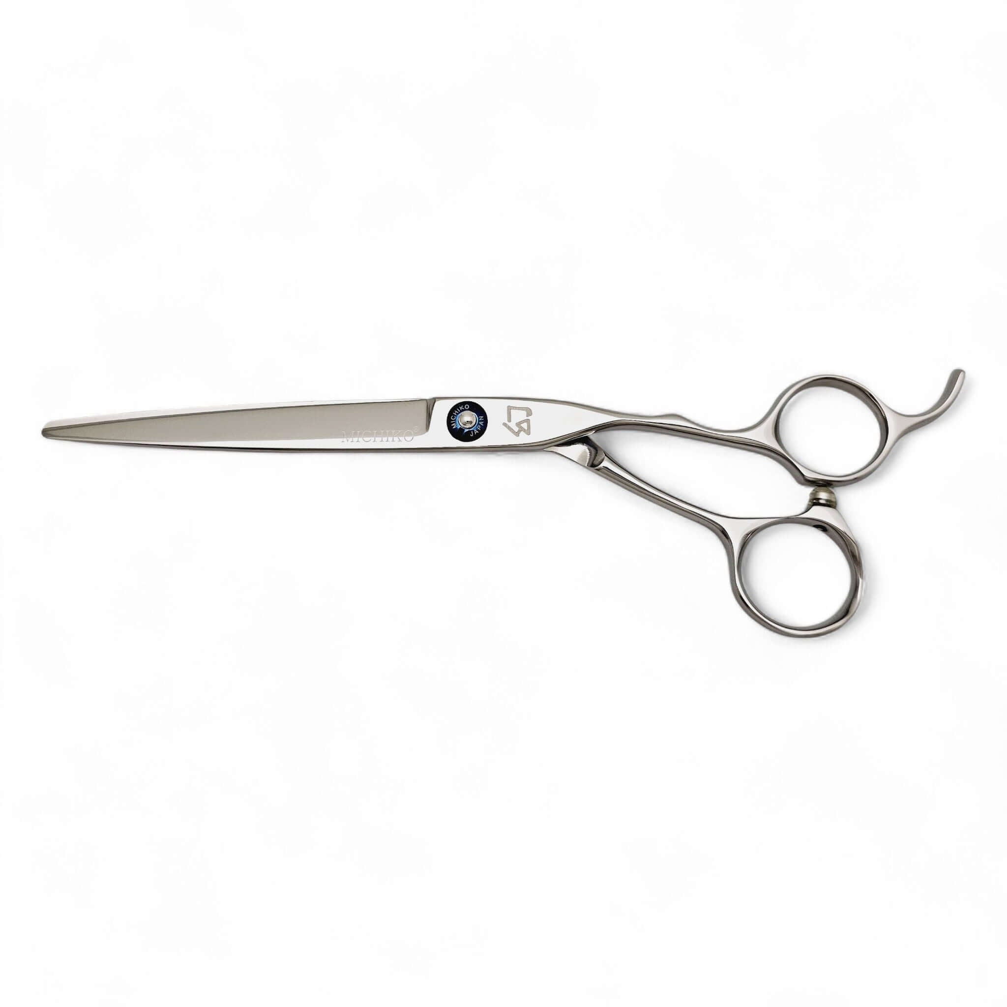 Hair cutting scissors with a brand logo on a white background