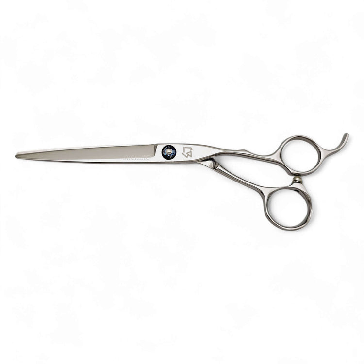 Hair cutting scissors with a brand logo on a white background