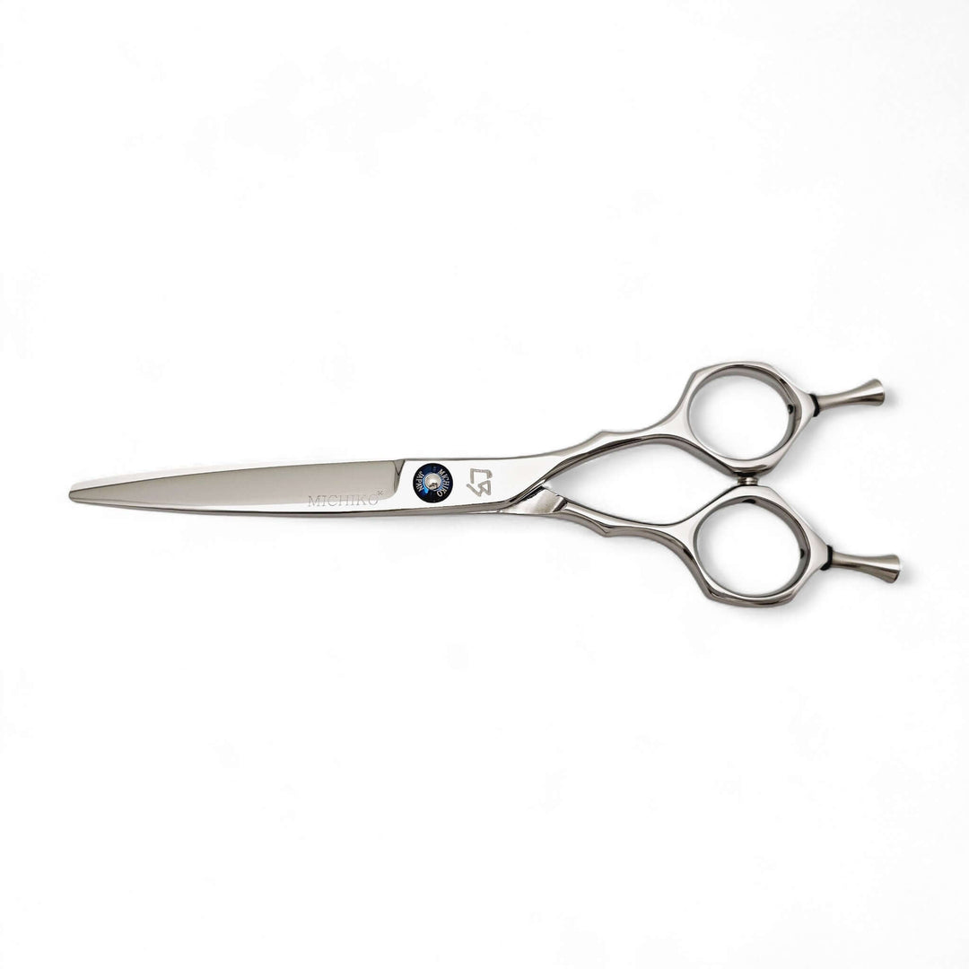Pair of silver hair scissors with symmetric handle on a white background