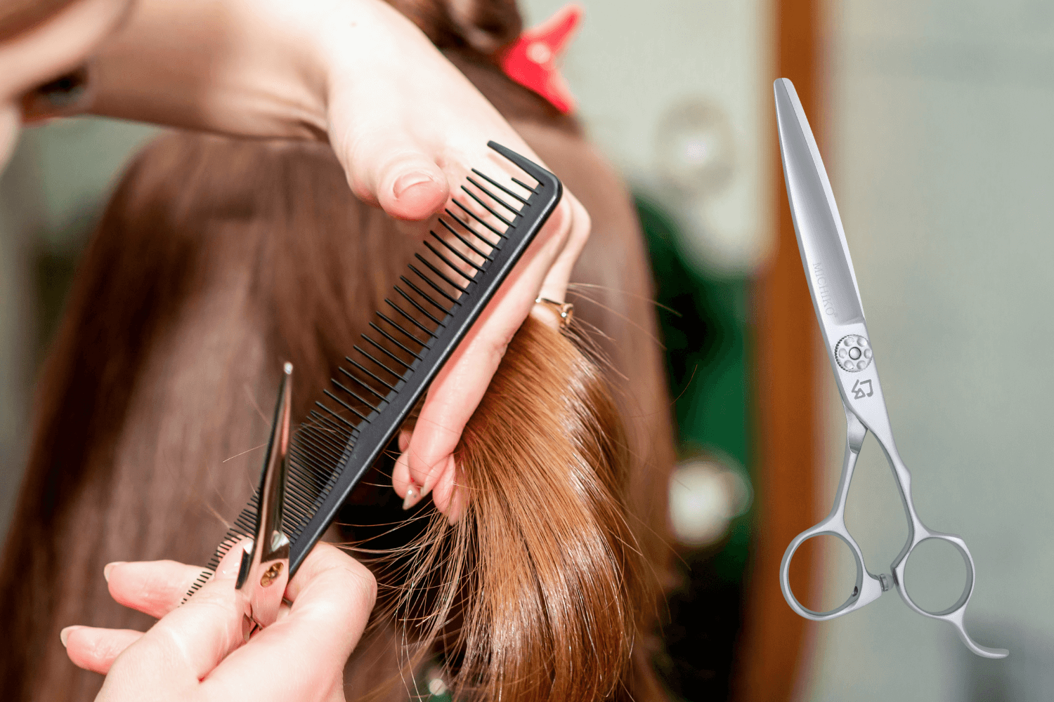 Close-up of a hairdresser performing a dry haircut using professional hair cutting scissors and a comb, with a featured Michiko shear on the side.