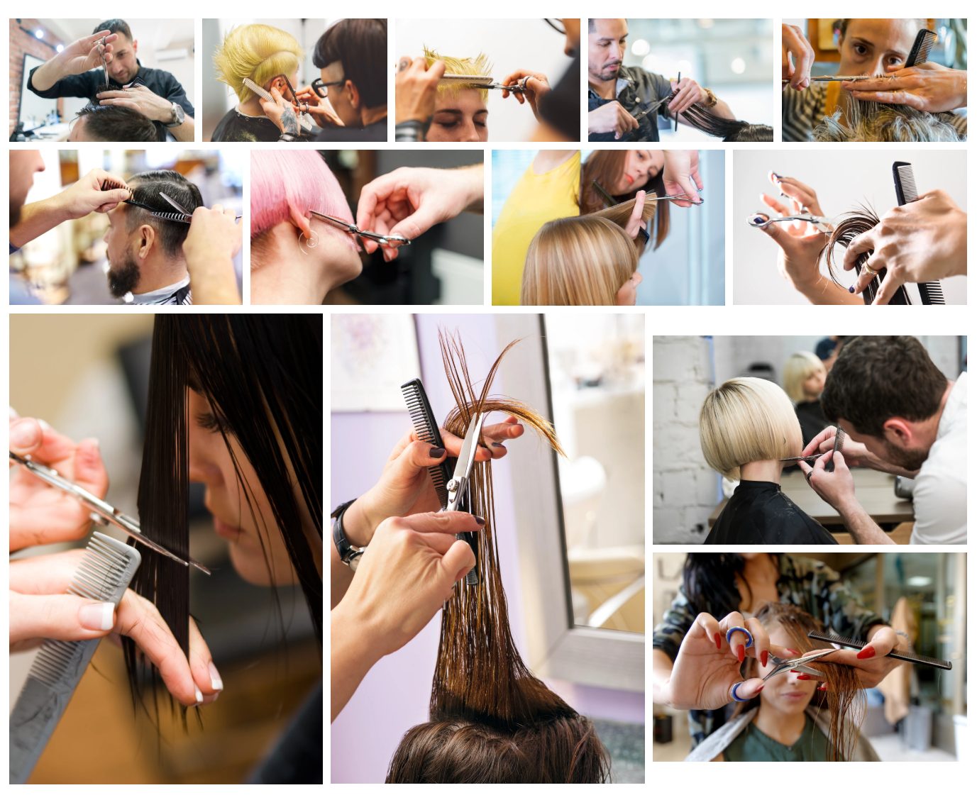  Professional hairstylist demonstrating various hair-cutting techniques