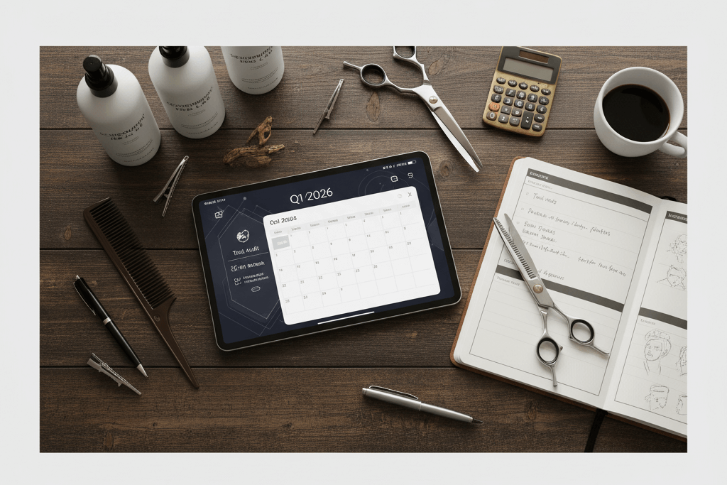 A flat lay of a dark wooden desk with hair products, scissors, a planner showing handwritten appointments, and a tablet displaying a Q1 2026 calendar app.