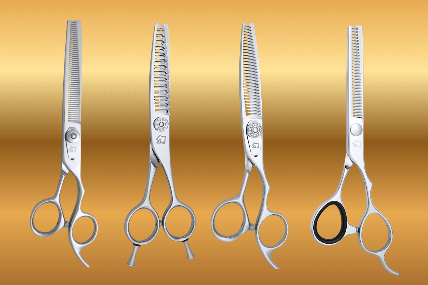 Four professional hair thinning shears displayed against a gold gradient background, featuring different handle designs, tension screw systems, and varying number and shape of teeth.