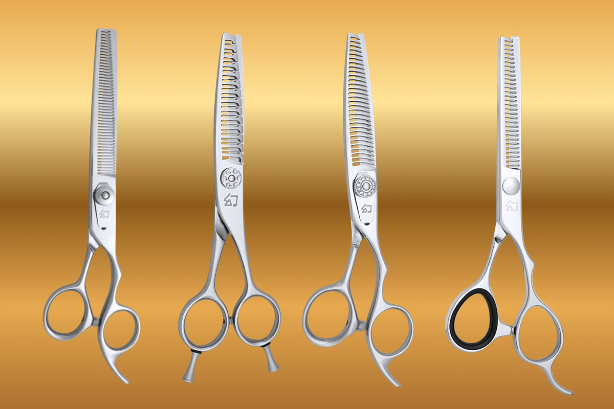 Four professional hair thinning shears displayed against a gold gradient background, featuring different handle designs, tension screw systems, and varying number and shape of teeth.
