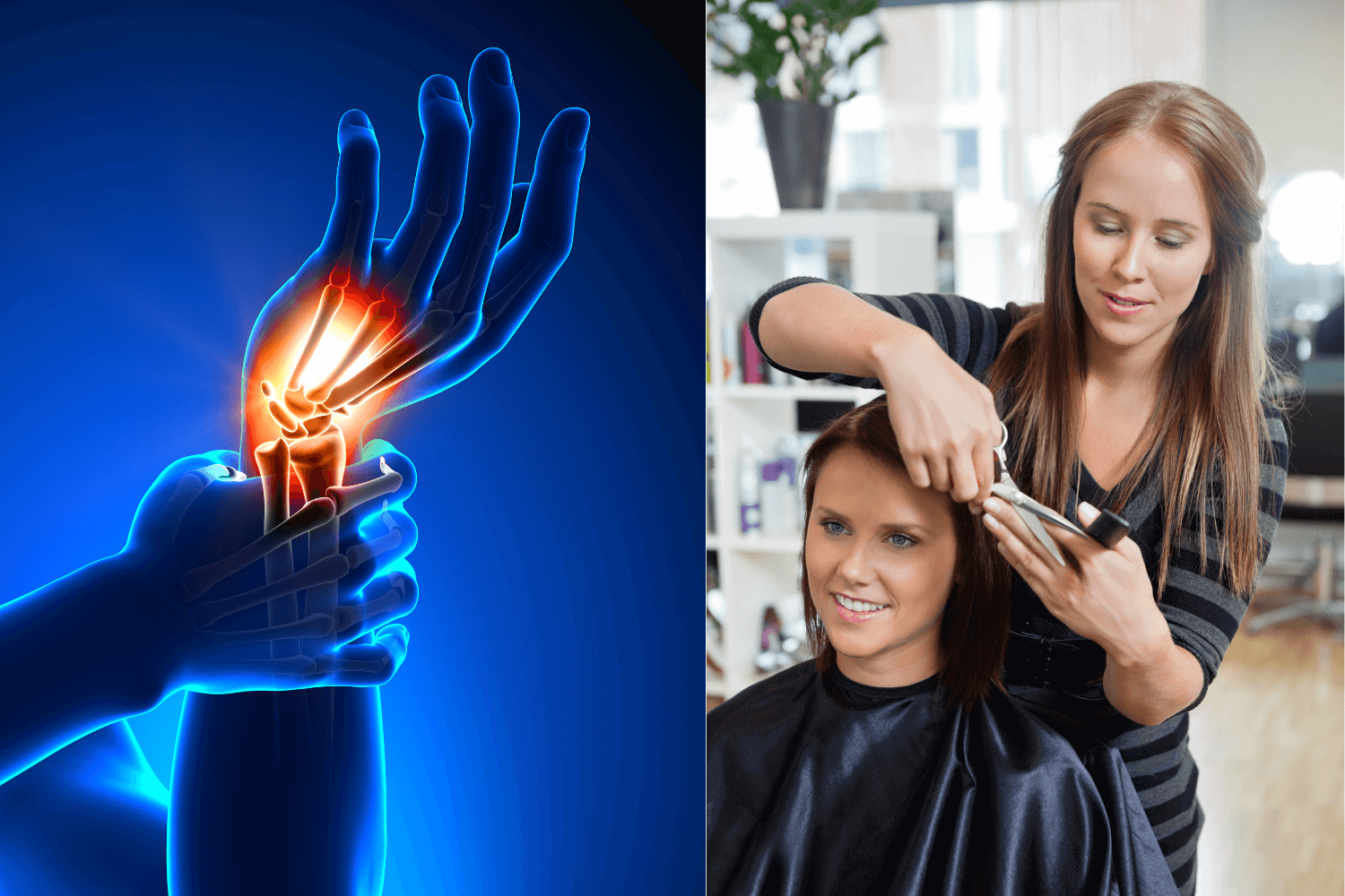 Split image showing wrist pain highlighted in a 3D X-ray view and a female hairstylist cutting a client’s hair in a salon.