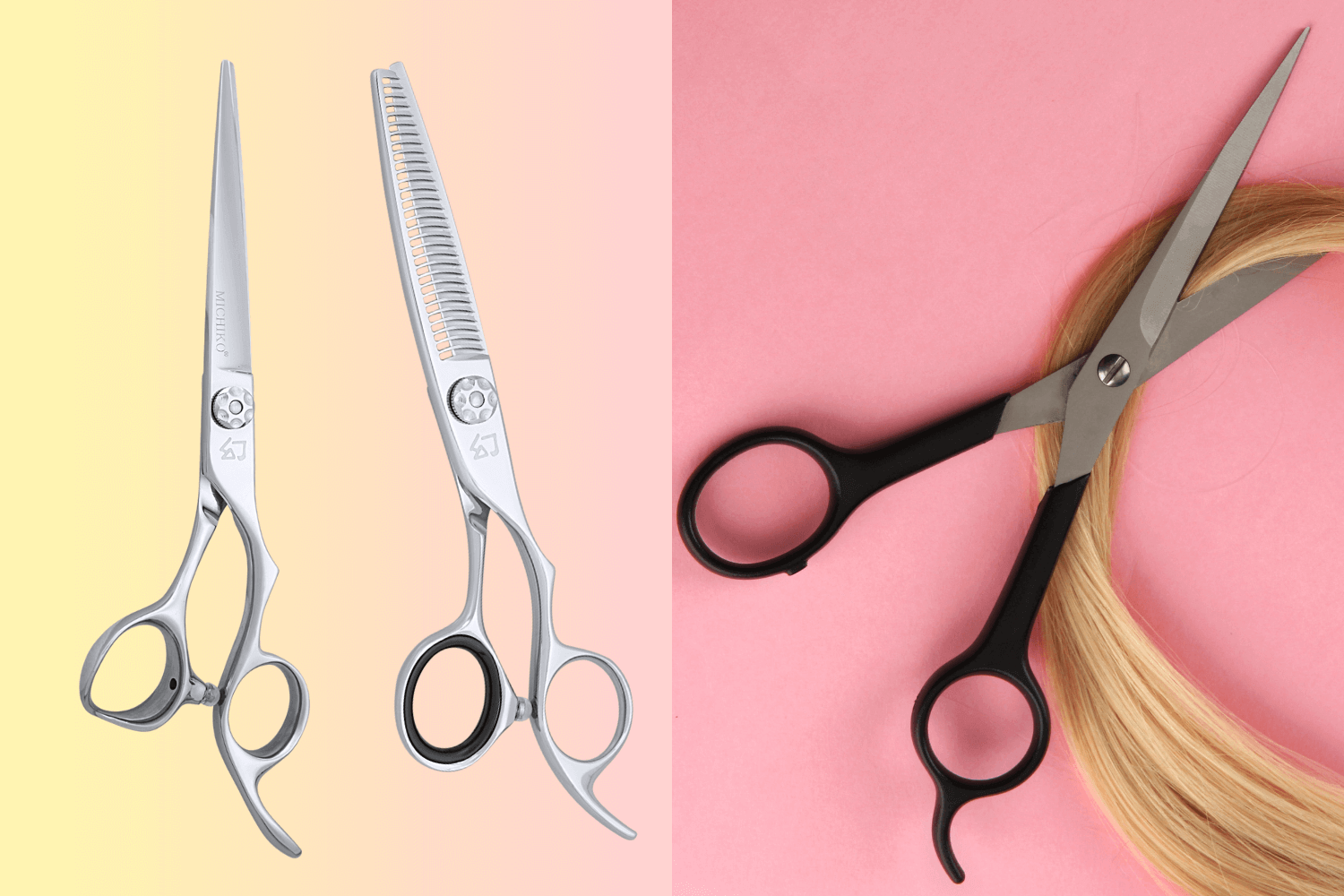 Side-by-side comparison of two professional hair cutting tools: on the left, high-end silver hair shears and thinning shears with offset handles on a pastel gradient background; on the right, basic black-handled household scissors cutting a section of blo