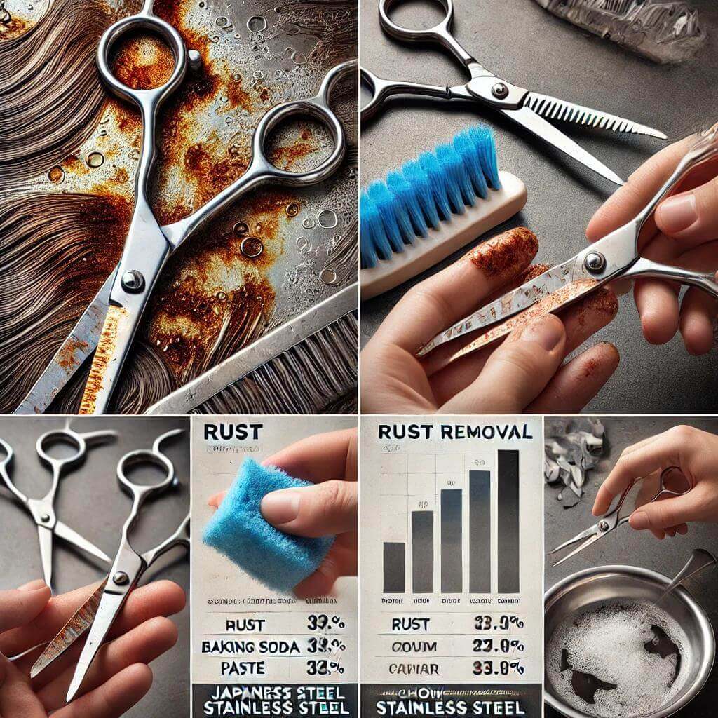Step-by-step instructional guide showing rust removal from hair shears using a rust eraser, baking soda paste, and white vinegar treatment, with hands carefully cleaning the blade.