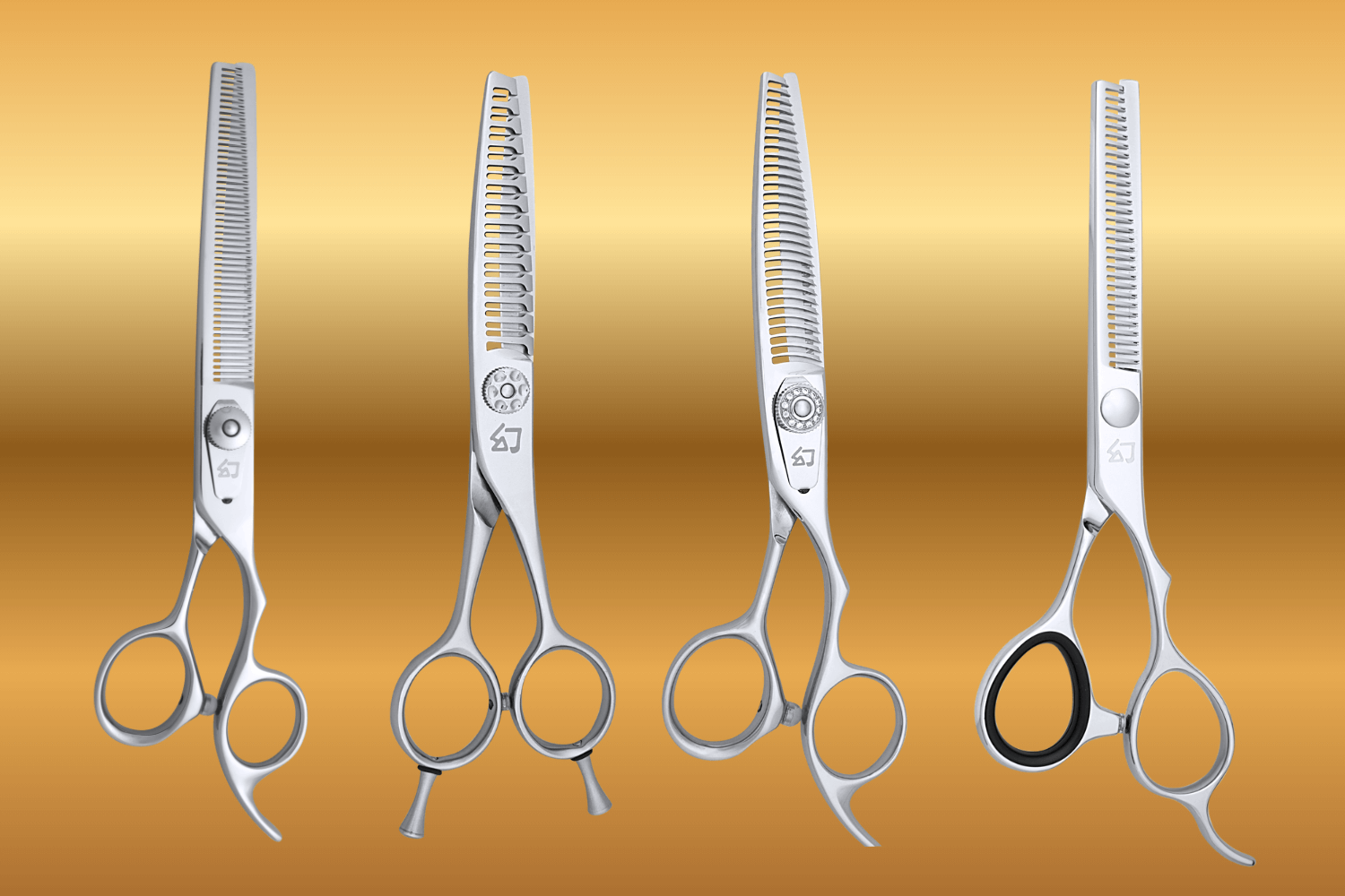 Four professional hair thinning shears displayed against a gold gradient background, featuring different handle designs, tension screw systems, and varying number and shape of teeth.