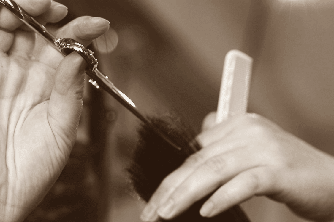 Close-up of a hairstylist’s hands using professional scissors to trim wet hair, with a comb in the background and focus on precise layering technique.