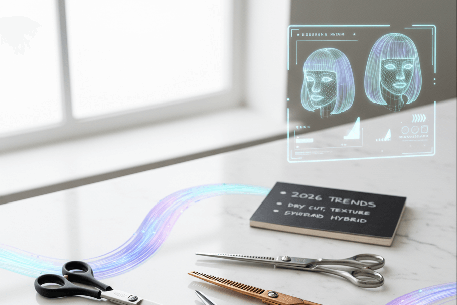 A chalkboard notebook labeled "2026 TRENDS" (Dry Cut, Texture, Shag/Pixie Hybrid) sits on a marble counter below a holographic projection of two bob hairstyles.
