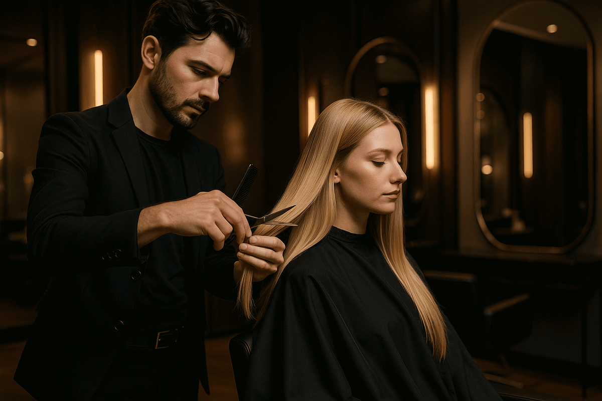 A male hair stylist cuts a customer's hair in a dark hair salon background.