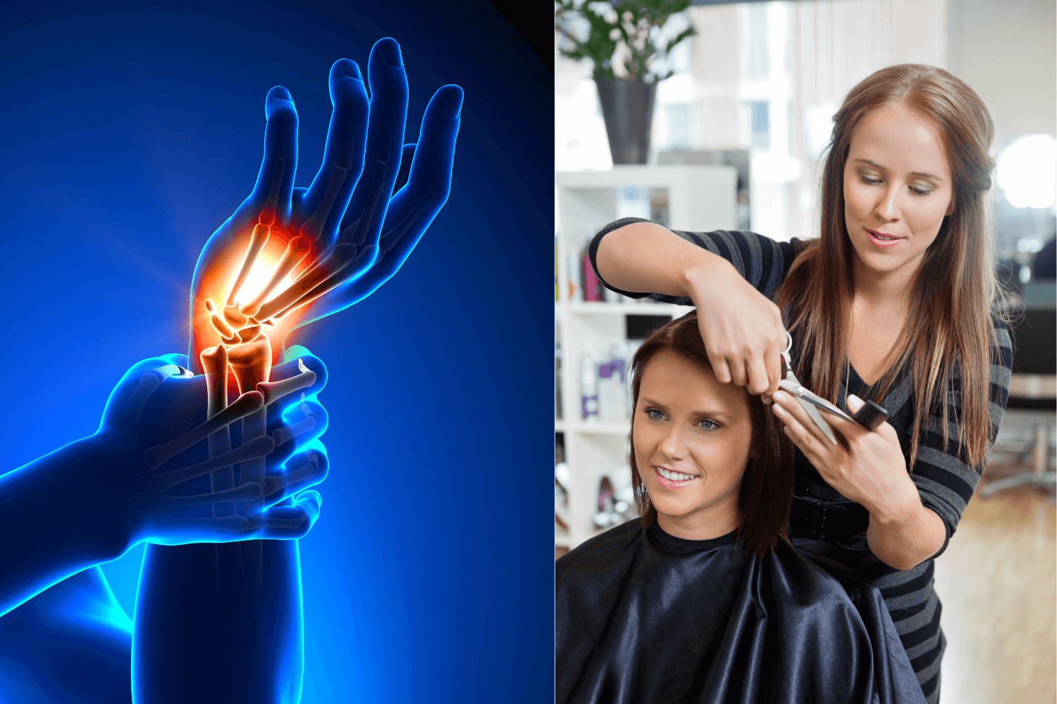 Split image showing wrist pain highlighted in a 3D X-ray view and a female hairstylist cutting a client’s hair in a salon.