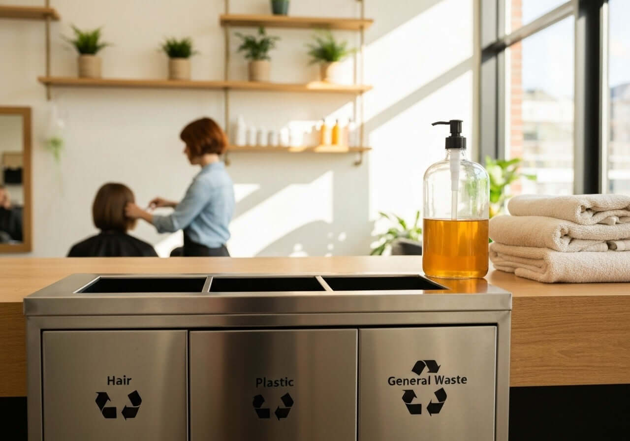 A stainless steel three-compartment recycling bin for Hair, Plastic, and General Waste sits on a wooden counter in a bright salon. In the blurred background, a stylist cuts a client's hair.