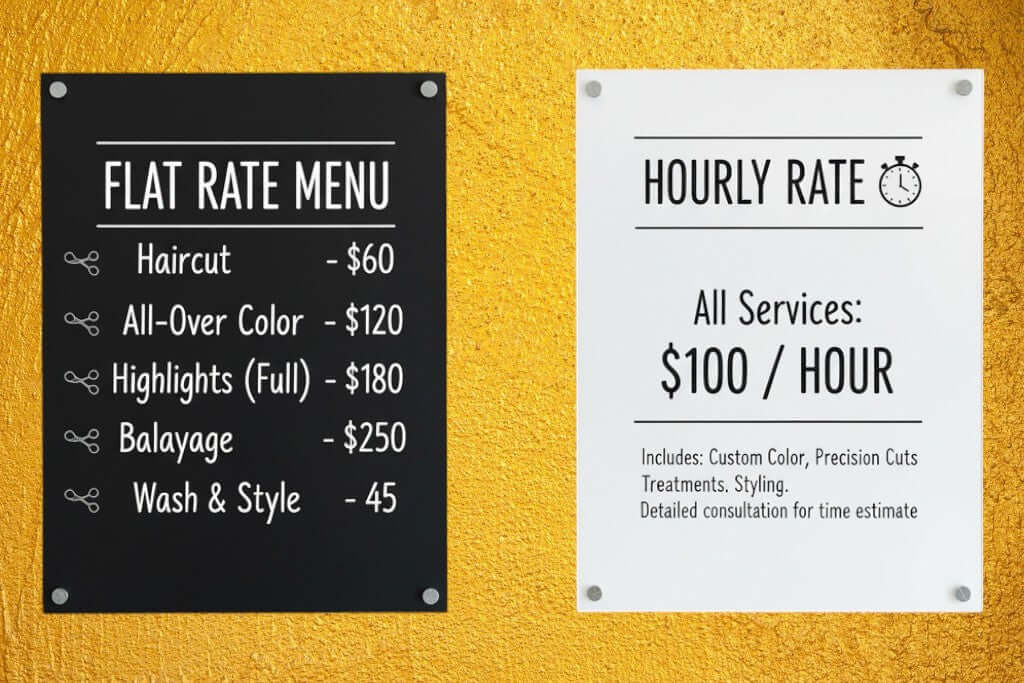Two framed signs on a gold wall, one listing a Flat Rate Menu (Haircut $60, Color $120), and the other advertising an Hourly Rate of $100 / HOUR for all services.