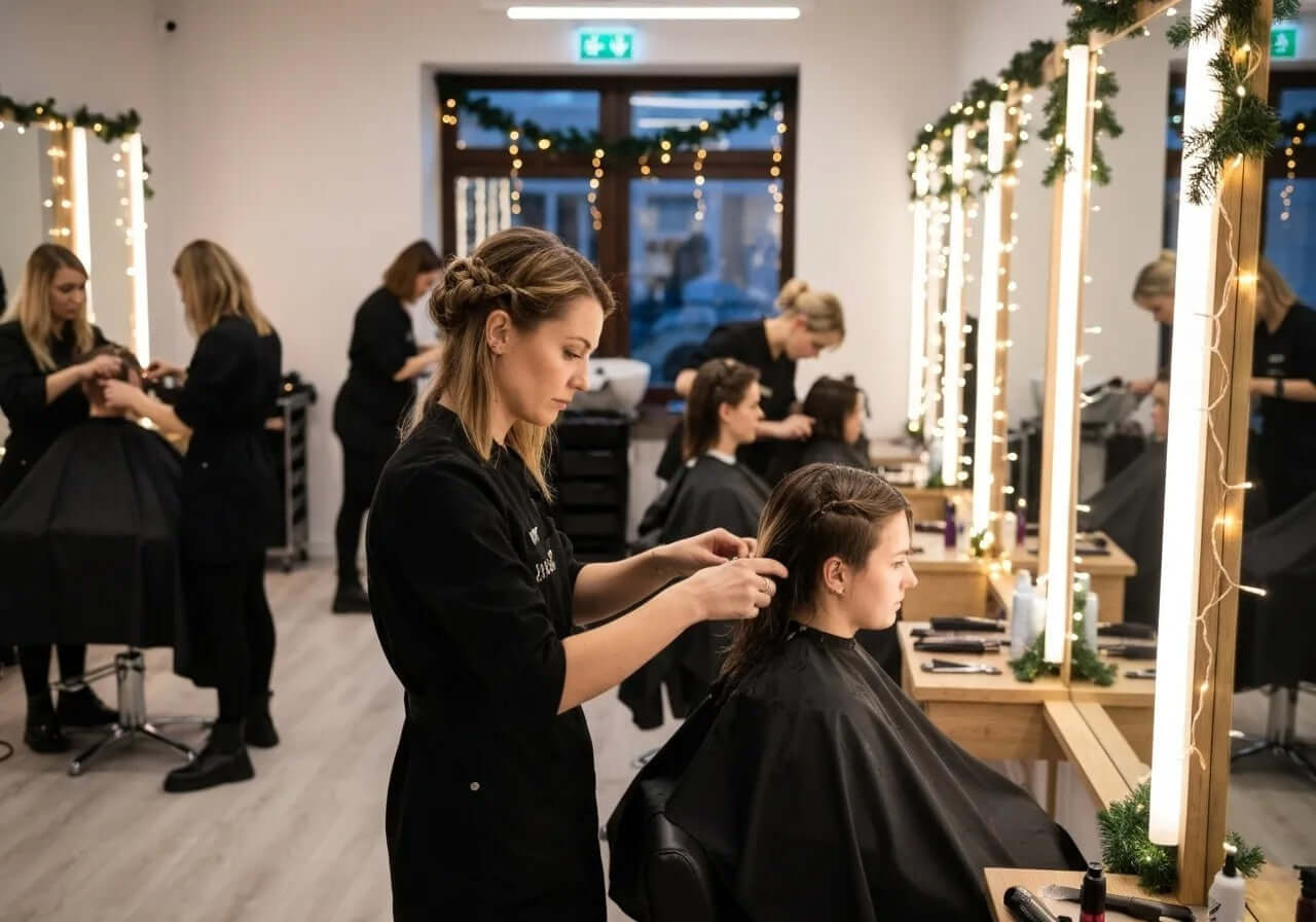 A brightly lit, modern salon with several female stylists in black aprons cutting clients' hair at wooden stations decorated with Christmas garland and lights.