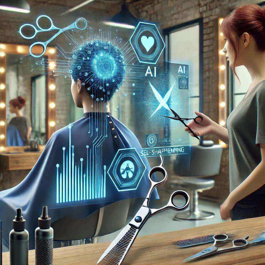Futuristic AI-assisted hair cutting concept featuring a hairstylist using smart scissors with holographic technology in a modern salon.