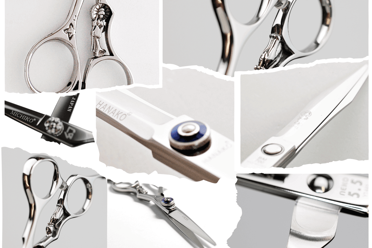 A photo collage showing different parts of hair-cutting scissors.
