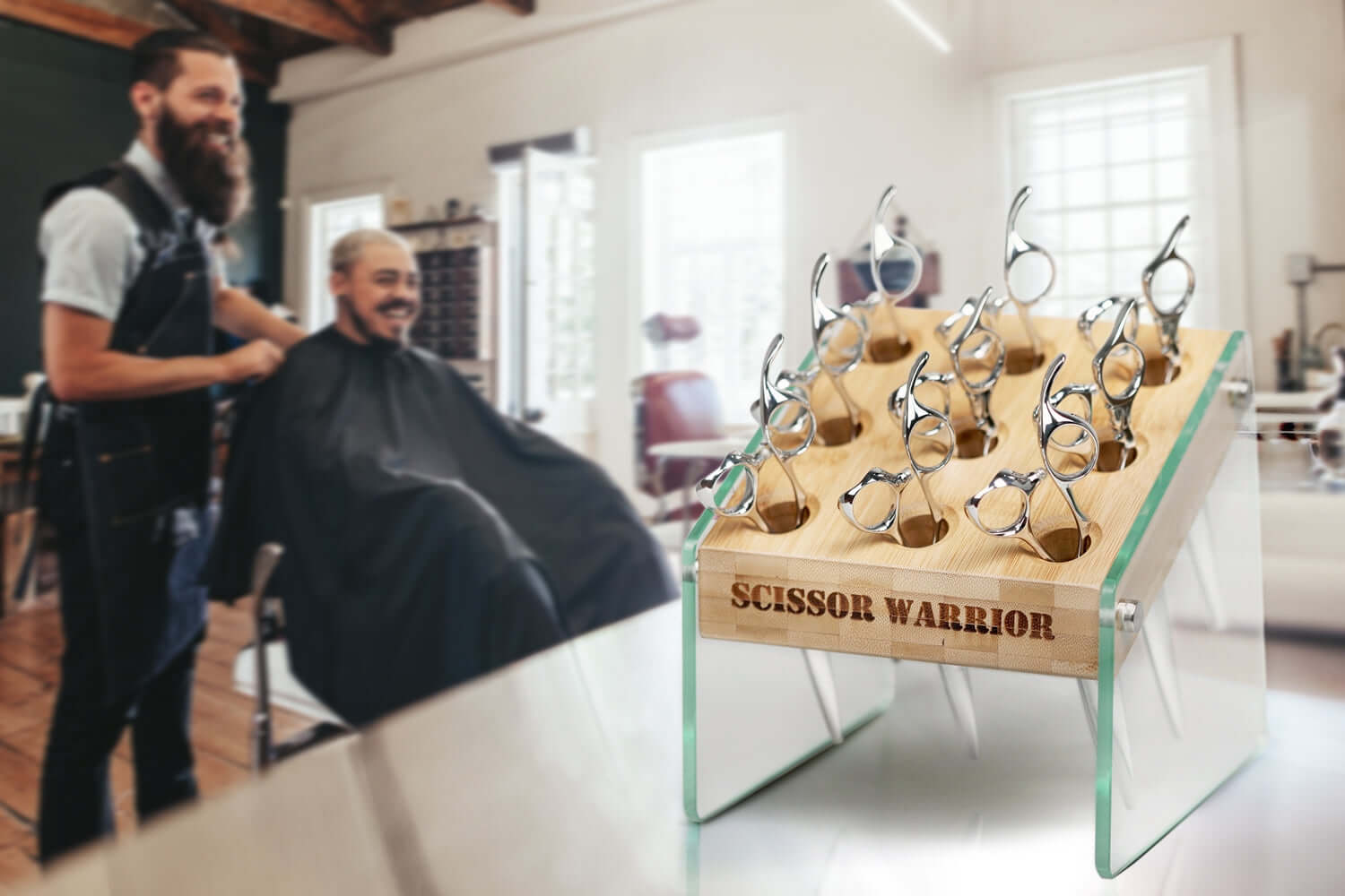 A premium hair scissors organizer on a barbershop background.
