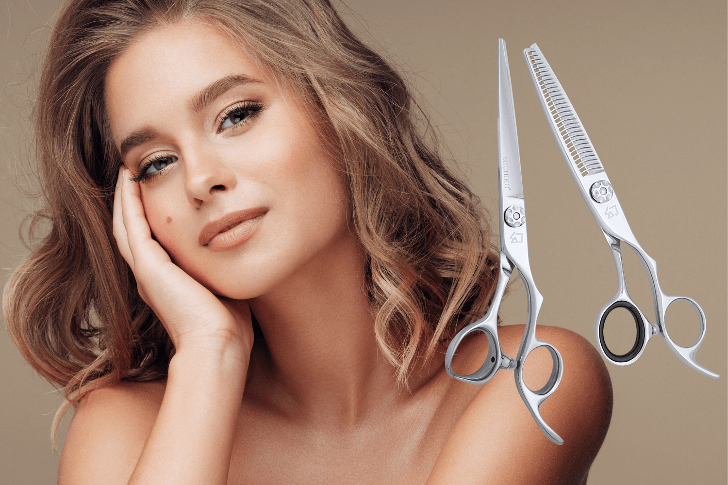 Young woman with medium wavy haircut resting her chin on her hand, with professional hair cutting and thinning shears beside her.
