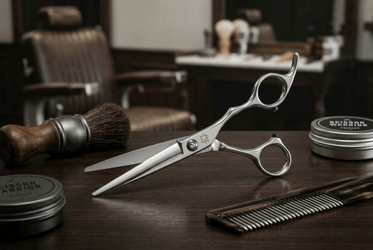 The Metallurgy of Deception: Stylish hair cutting shears on a barber's table with grooming tools.