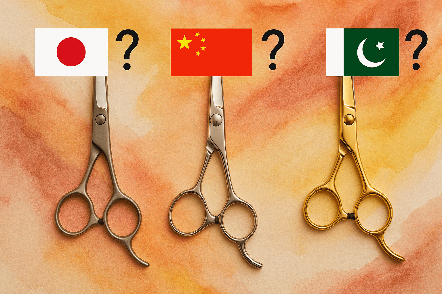 Three professional hair cutting scissors labeled with flags of Japan, China, and Pakistan.