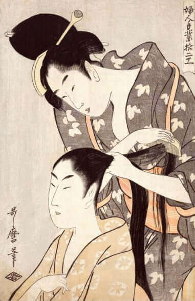 Traditional Japanese hairstylist performing hairdressing on a woman – Ukiyo-e woodblock print art style, featuring Edo-period kimono fashion and cultural hair styling practices.