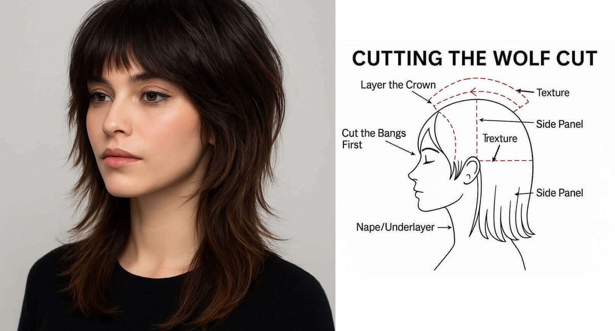 Side-by-side image showing a young woman with a trendy wolf cut hairstyle on the left, and a step-by-step cutting diagram on the right labeled with crown layering, side panels, and texturizing sections.