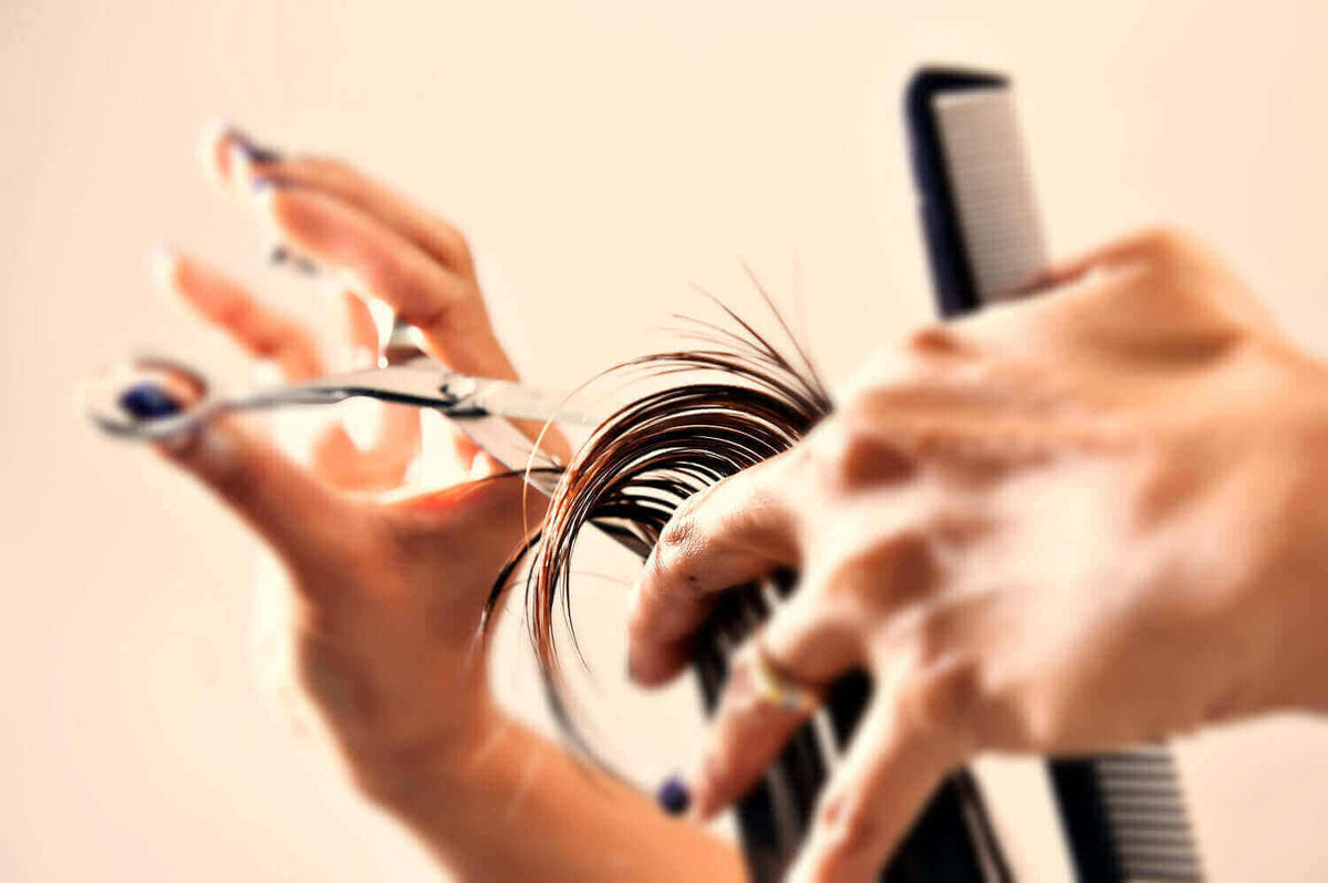 Close-up of professional hairstylist cutting hair with precision scissors and comb, showcasing salon haircutting technique and tool control.