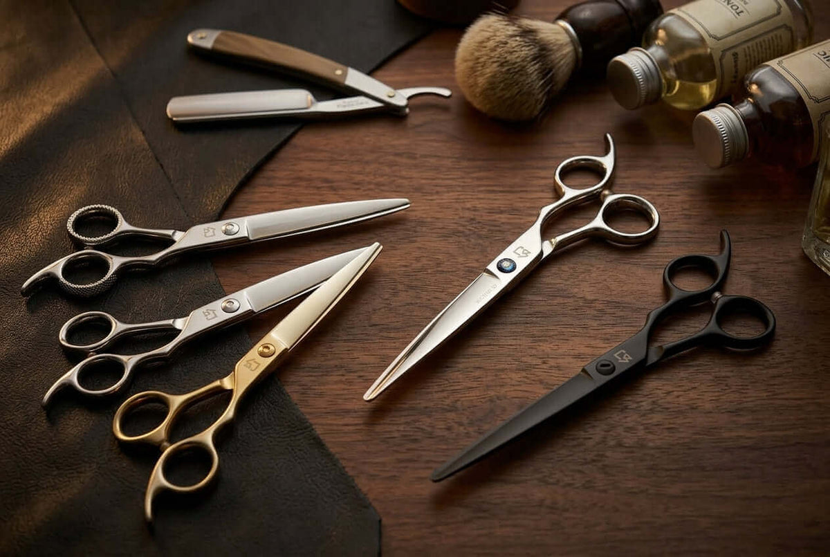 A flat-lay arrangement of professional barber shears displayed on a rich dark wood and leather barber mat.
