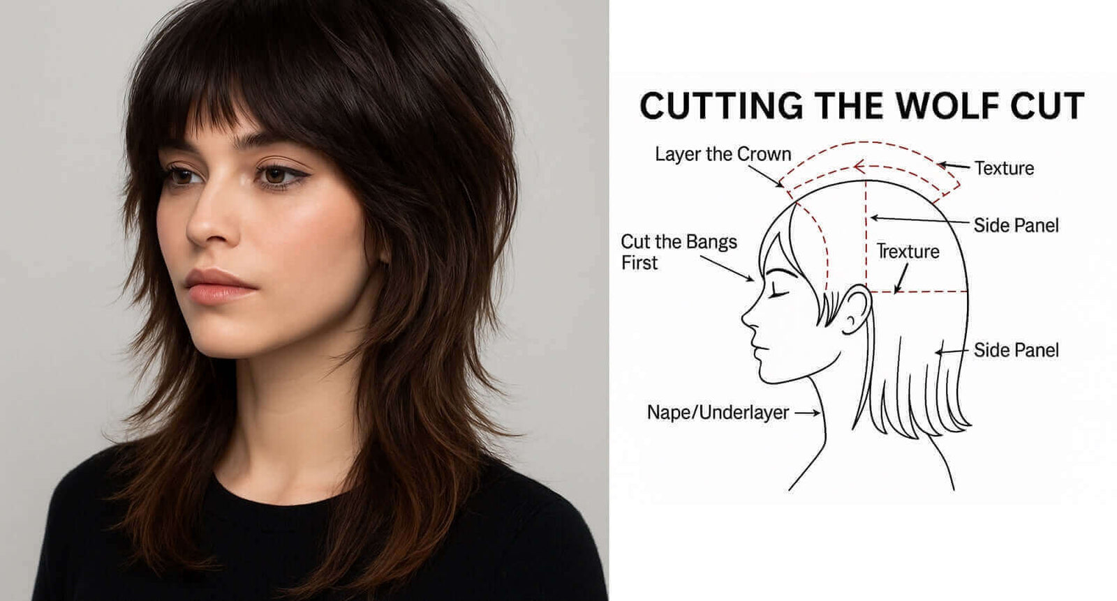 Side-by-side image showing a young woman with a trendy wolf cut hairstyle on the left, and a step-by-step cutting diagram on the right labeled with crown layering, side panels, and texturizing sections.