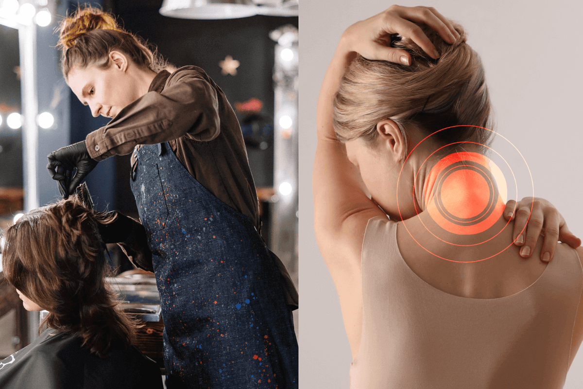 Side-by-side photo showing the hairstylist's cutting performance and neck pain.