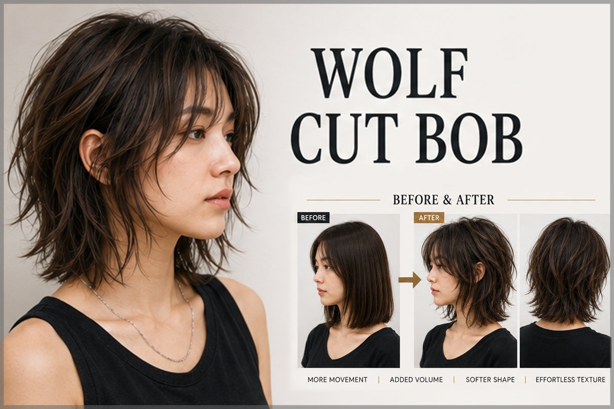 Before and after wolf cut bob showing increased crown volume, layered movement, face framing, and textured ends.