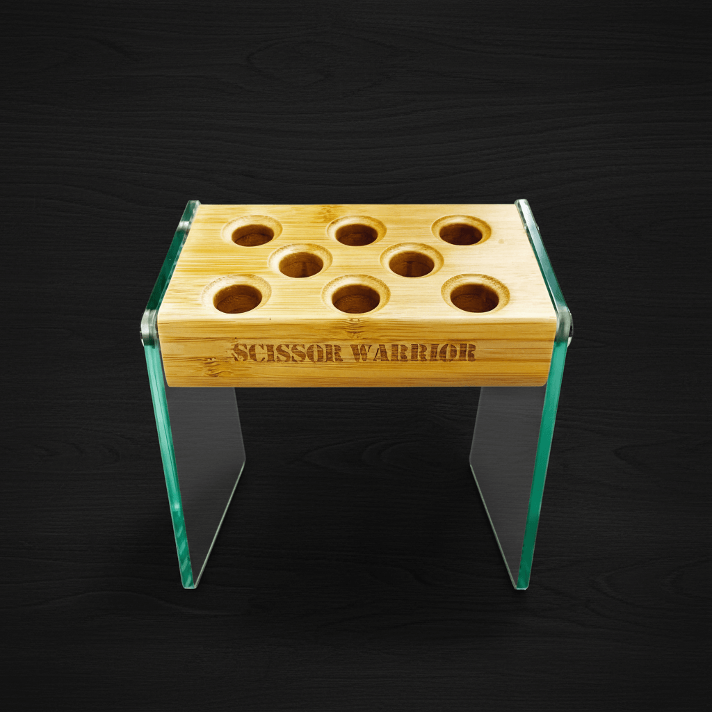 Premium Bamboo & Glass 8-Slot Hair Scissor Holder / Salon Organizer Block