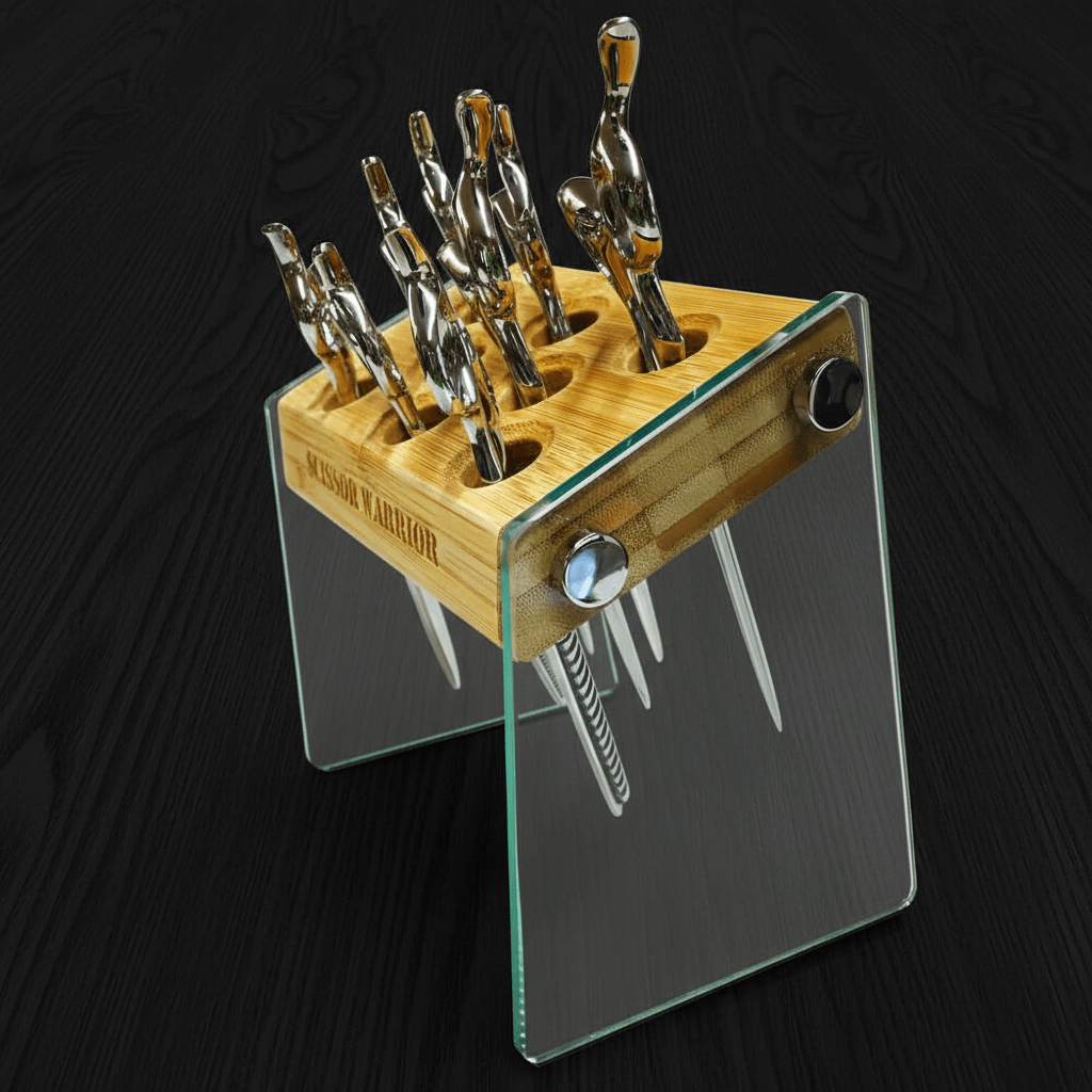 Premium Bamboo & Glass 8-Slot Hair Scissor Holder / Salon Organizer Block