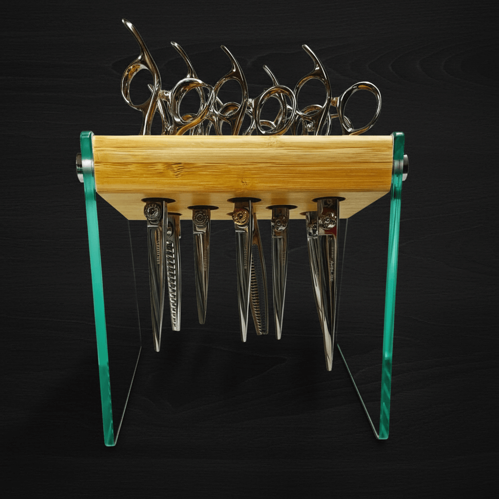 Premium Bamboo & Glass 8-Slot Hair Scissor Holder / Salon Organizer Block