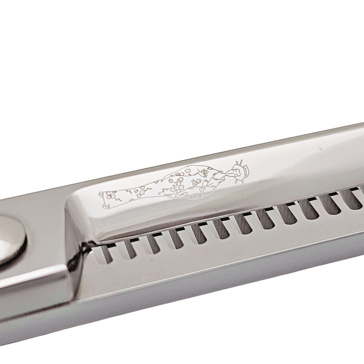 Close-up of back of hair thinner blades with engravings Japanese lady logo on a white background