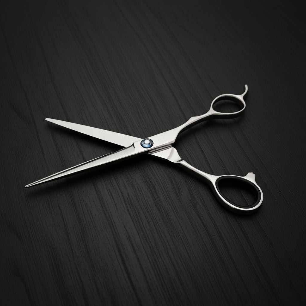 Professional Japanese hair cutting shears with high carbon stainless steel and ergonomic design.