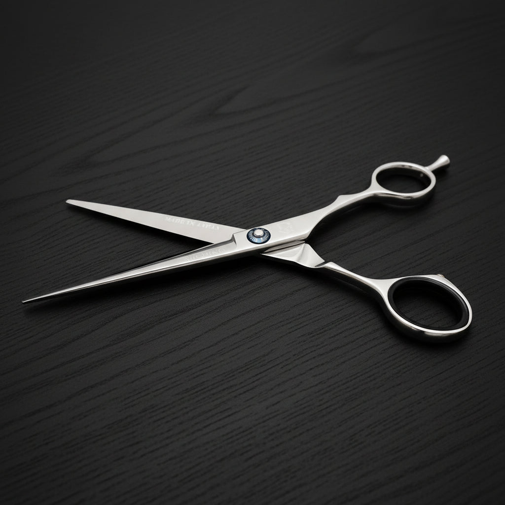 Hair cutting scissors with a blue screw on a white background